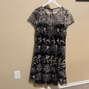 Adrianna Papell Black Dress with Silver Embroidery